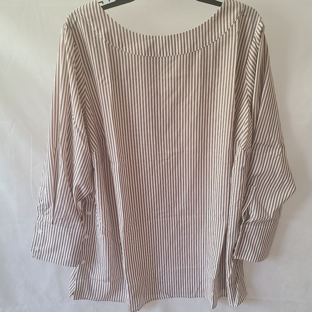 Brooke Shields Timeless Striped British Khaki Woven Top
